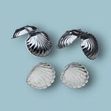 Pair of vintage shell-shaped butter dishes – stainless steel and glass