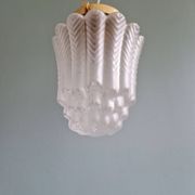 Pair of Art Deco Skyscraper-style pendant lights in frosted glass, 1920-30