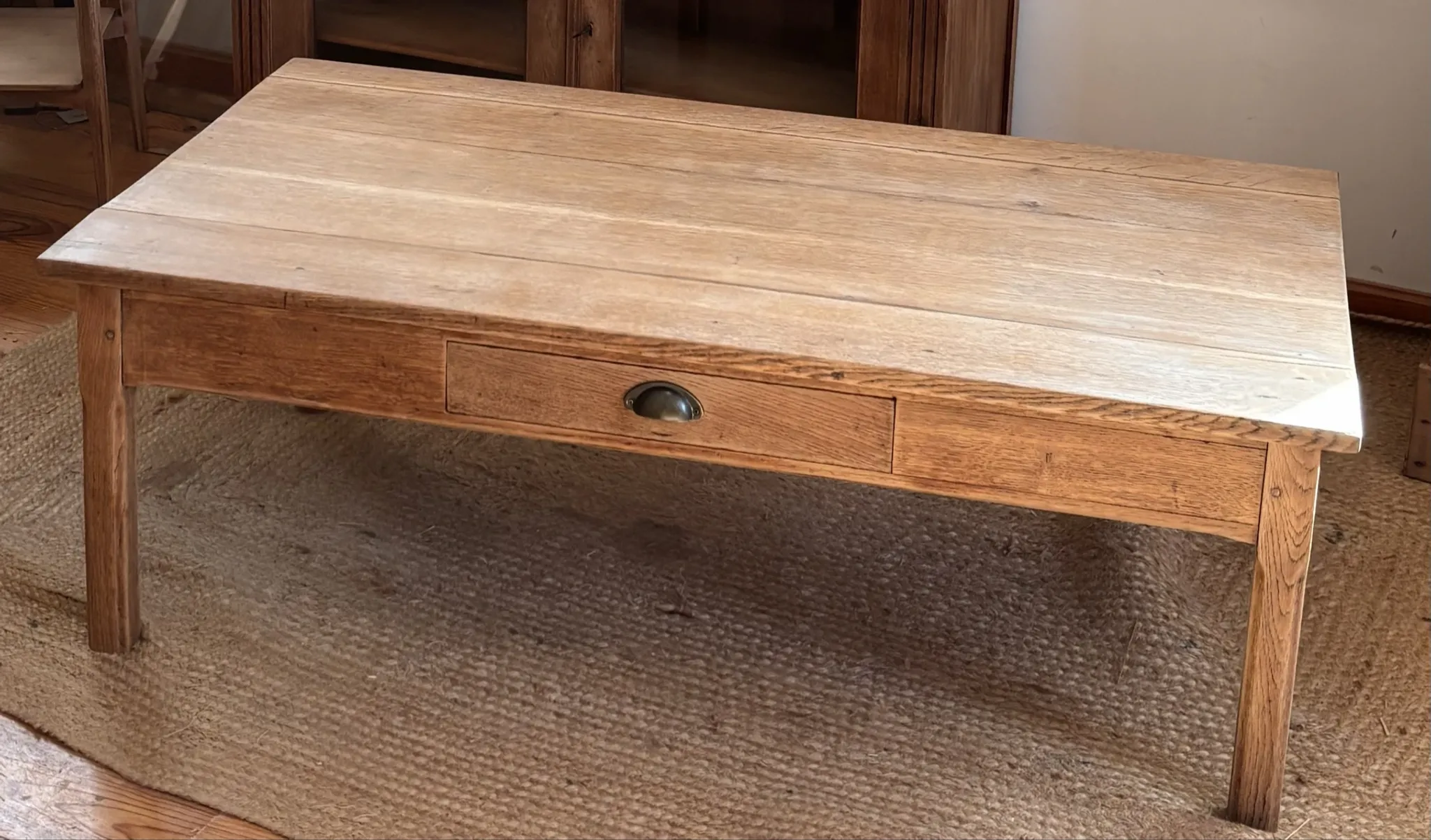 Large antique farmhouse coffee table in raw solid oak with 1 drawer.