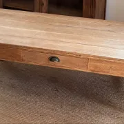 Large antique farmhouse coffee table in raw solid oak with 1 drawer.