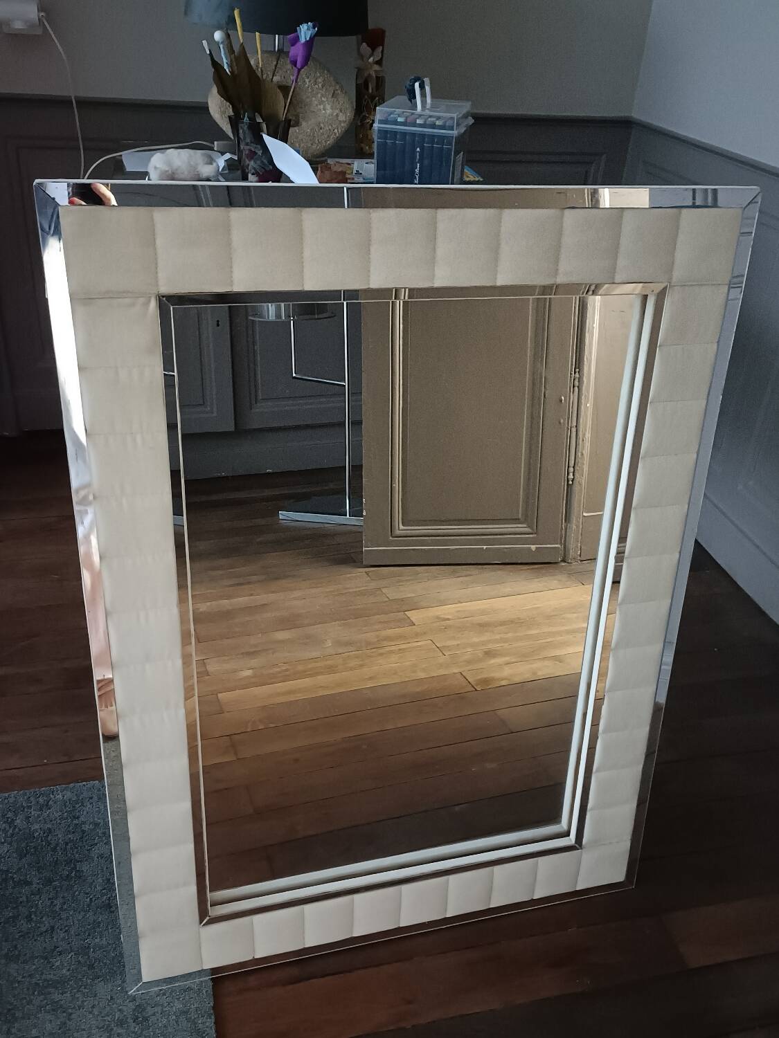 Large vintage tufted velvet mirror