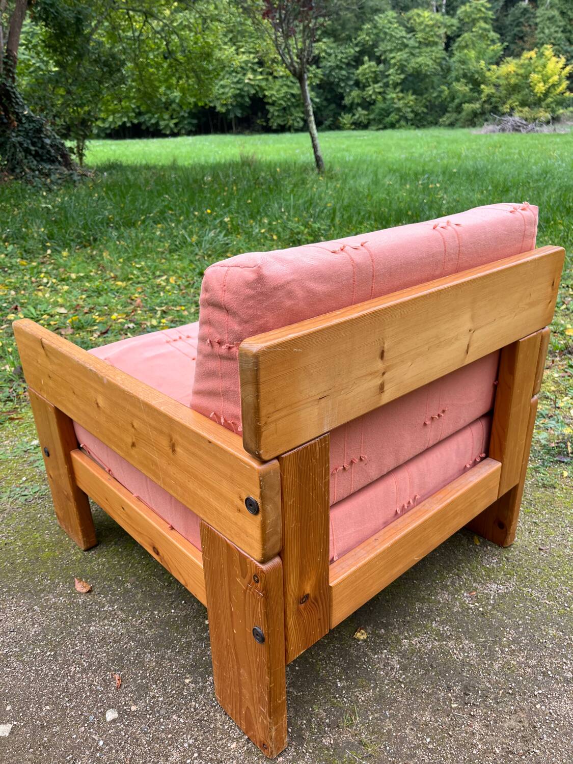 70s pine designer armchair, Perriand style