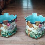 Pair of "Perdrix" Pot Covers Barbotine Onnaing
