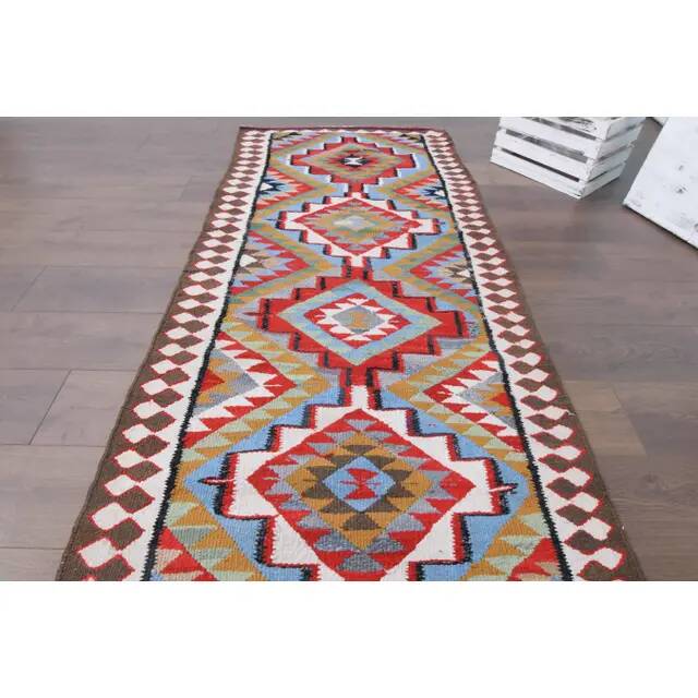 1970s Vintage Turkish Hand-Knotted Wool Cotton Red Runner Rug 93x355