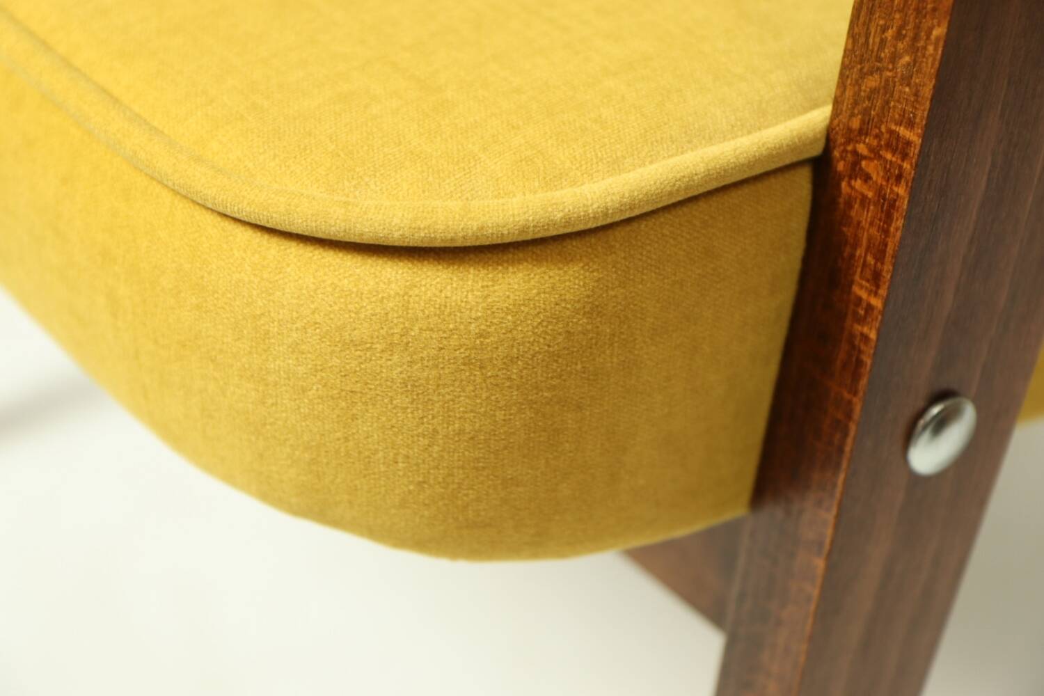 Vintage armchair plush yellow velvet soft dark wood 1962 design by Chierowski