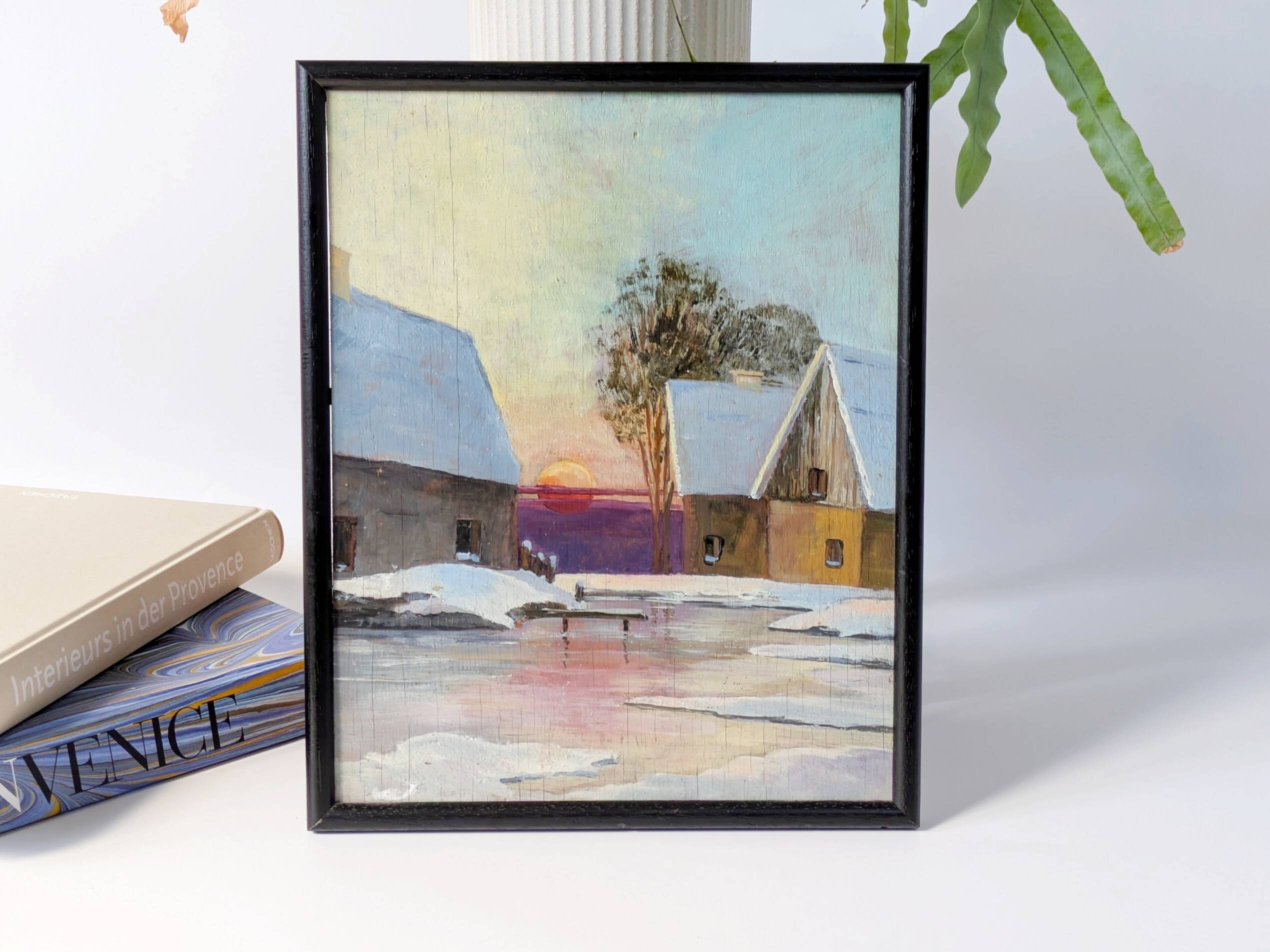 Vintage oil painting, rural winter landscape, 1960s