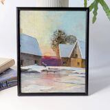 Vintage oil painting, rural winter landscape, 1960s