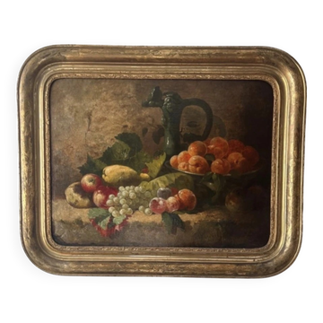 Grande nature morte aux fruits du XIXe siècle – huile sur toile et cadre doré à la feuille – en superbe état