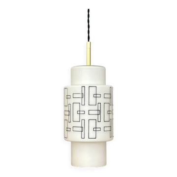 Suspension globe vintage en opaline blanche avec dessins noirs