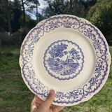 8 flat plates Digoin Sarreguemines blue and white vintage with countryside village décor