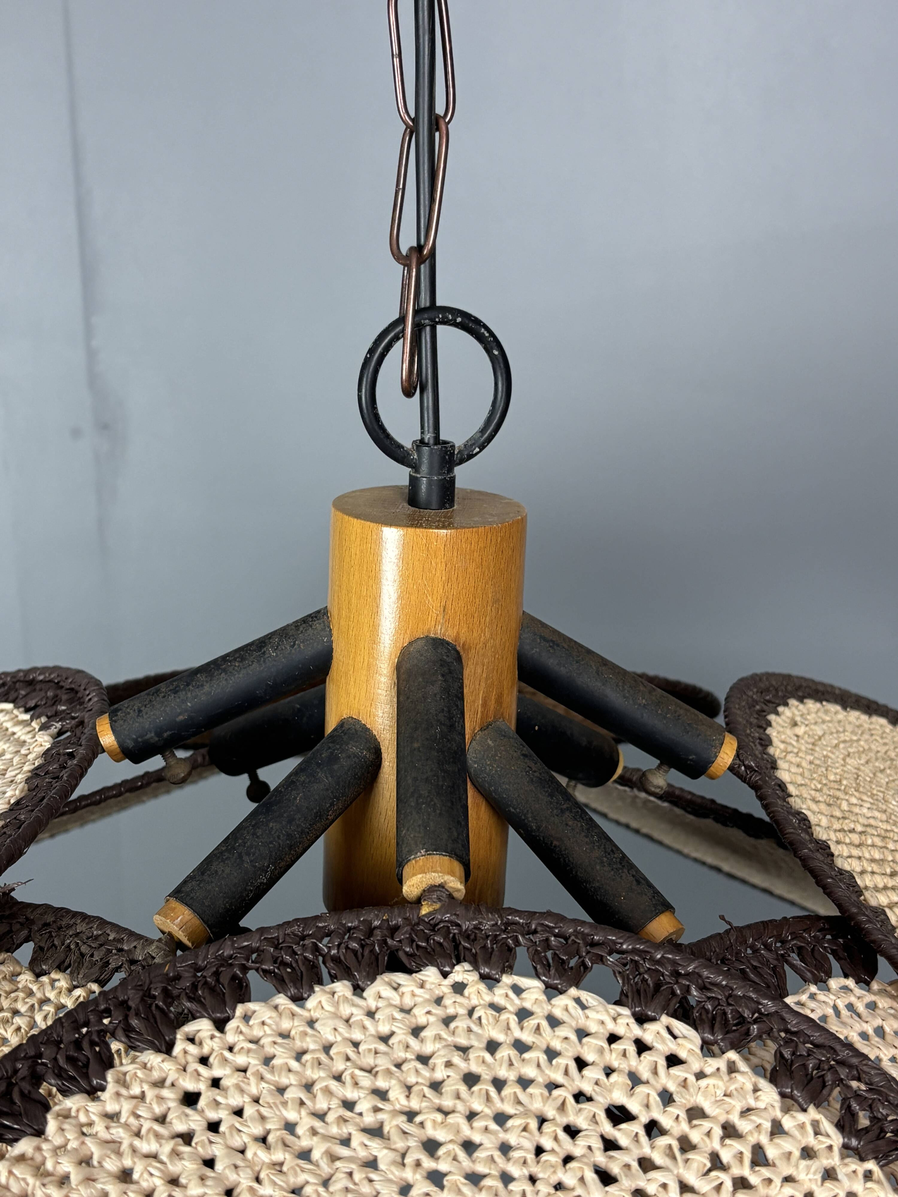 Midcentury uchiwa fan macrame fiber rattan hanging pendant lamp, 1970s