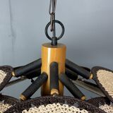 Midcentury uchiwa fan macrame fiber rattan hanging pendant lamp, 1970s