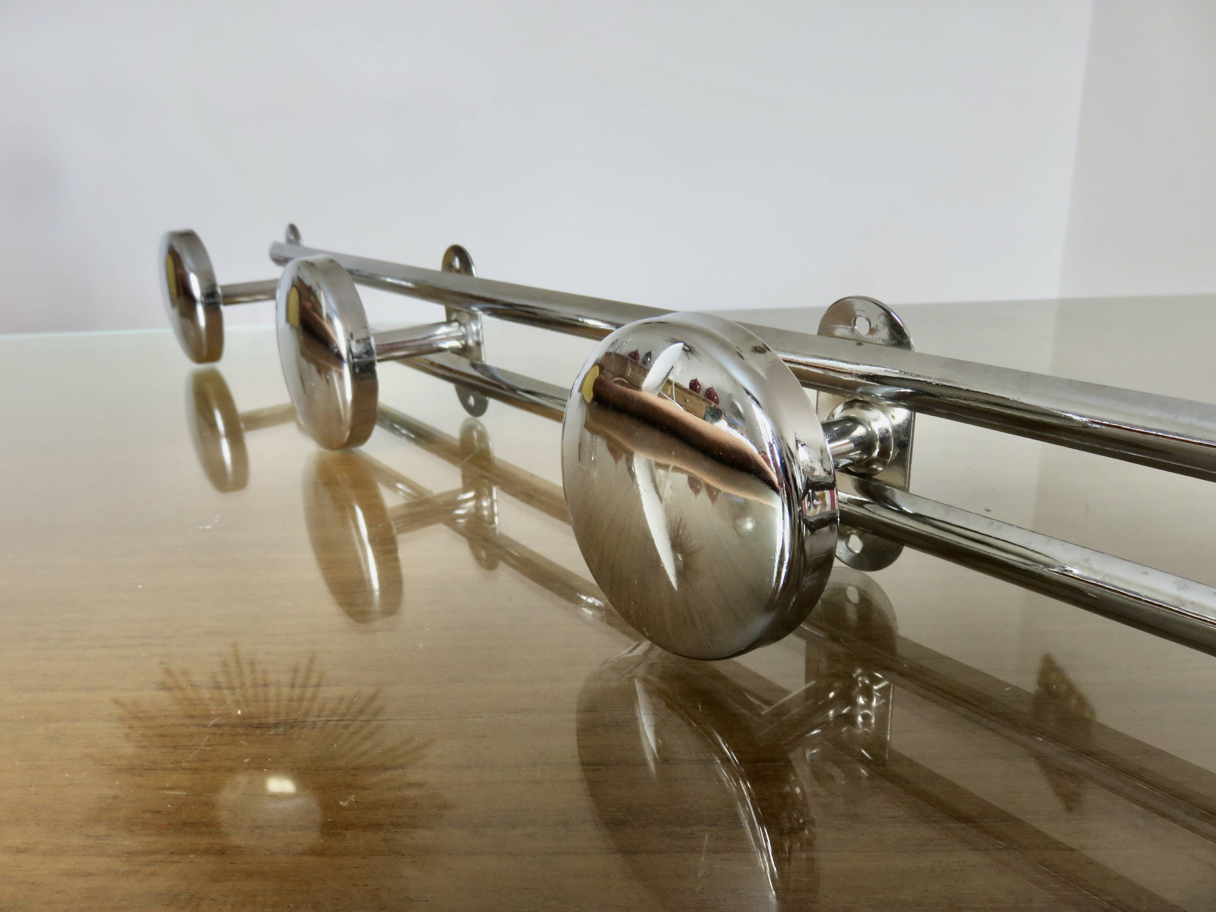 Wall coat rack with 4 hooks in chrome metal 1970