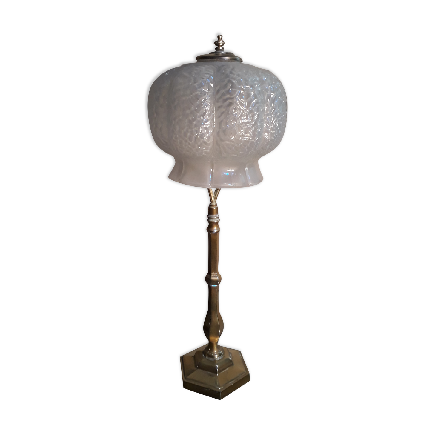 Large brass lamp and its moulded glass in the shape of a bell, art deco style 1930 electrici