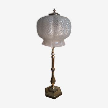 Large brass lamp and its moulded glass in the shape of a bell, art deco style 1930 electrici