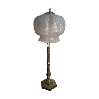 Large brass lamp and its moulded glass in the shape of a bell, art deco style 1930 electrici