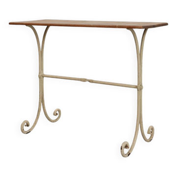 Table de bistrot française du XXe siècle avec base en fonte et plateau en chêne