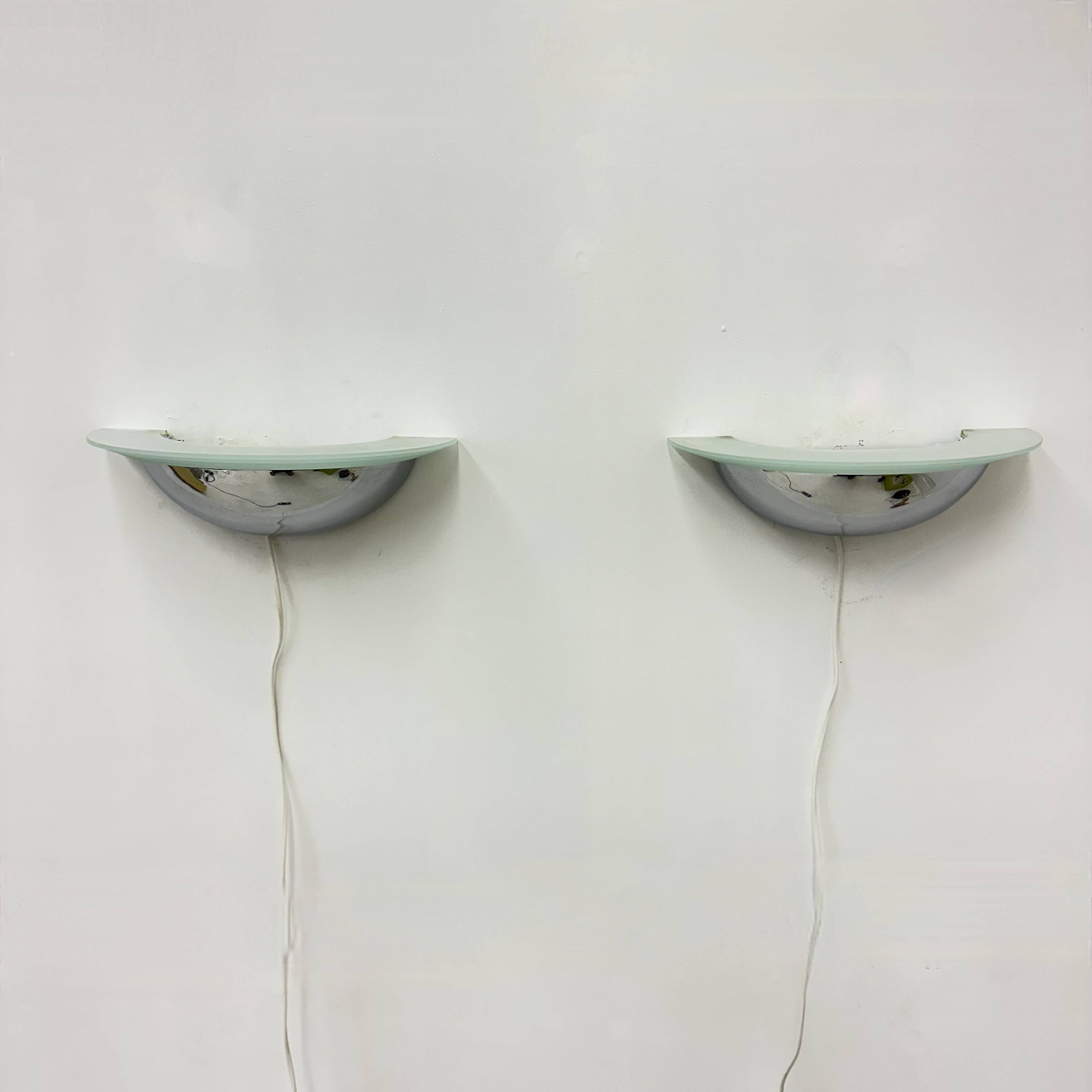 Pair of post modern wall lamps chrome and glass , 1980s