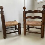 Pair of low oak and straw chairs