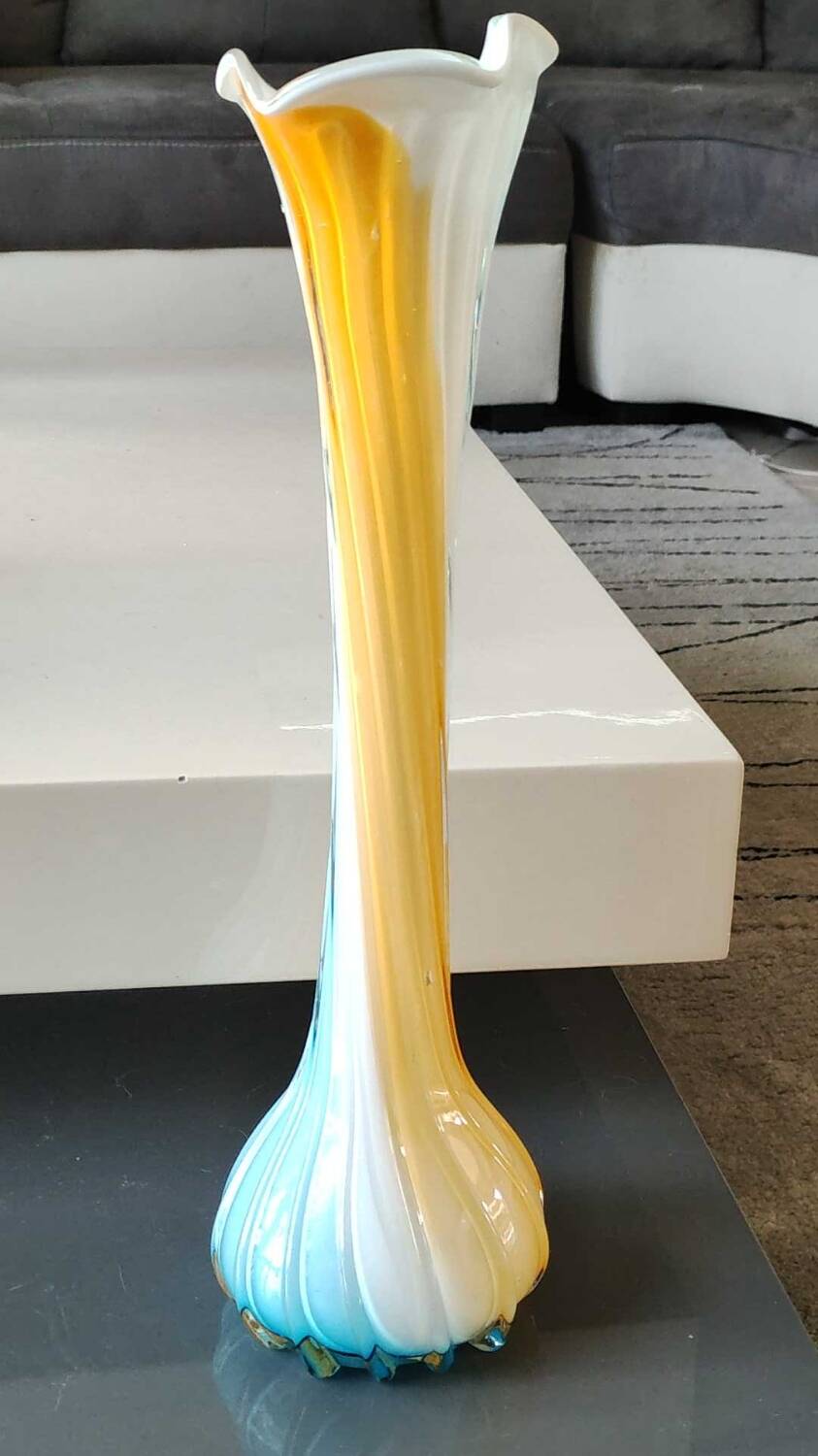 Antique large soliflore vase in venetian opaline glass, jack in the pulpit/murano. arum flower collar/triple multi-colored twisted overlay. high 40 cm