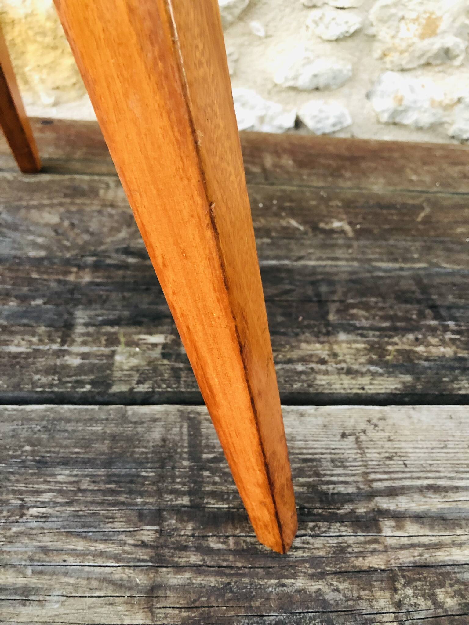 Vintage round coffee table, oak tripod legs circa 60