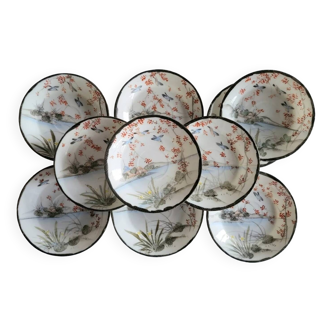 Series of 10 Fine Porcelain Cups and Saucers with Japanese Decor