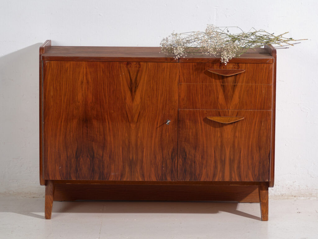Mid-century walnut veneer sideboard with triangular handles – Czechoslovakia, circa 1960