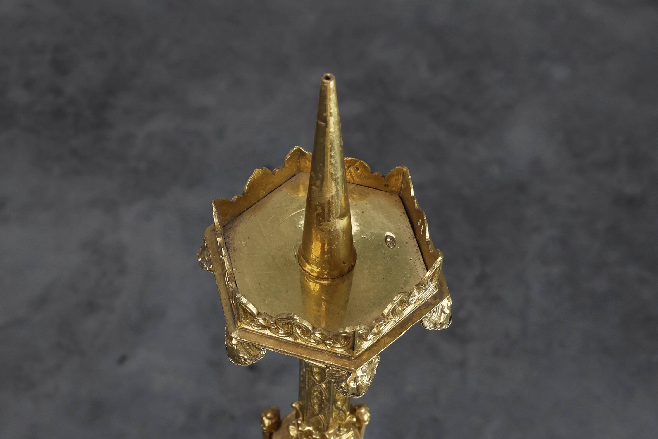 Neo‑Gothic Copper Church Candleholder Stamped “LL A Paris”, France ca. 1880