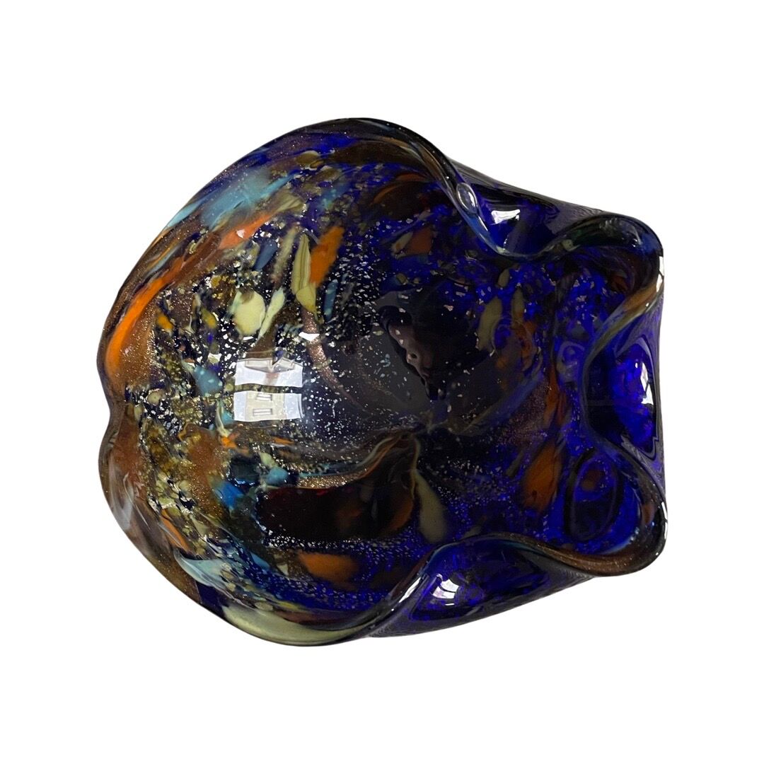 Dark blue Venetian glass ashtray with sulfurized multicolored decoration