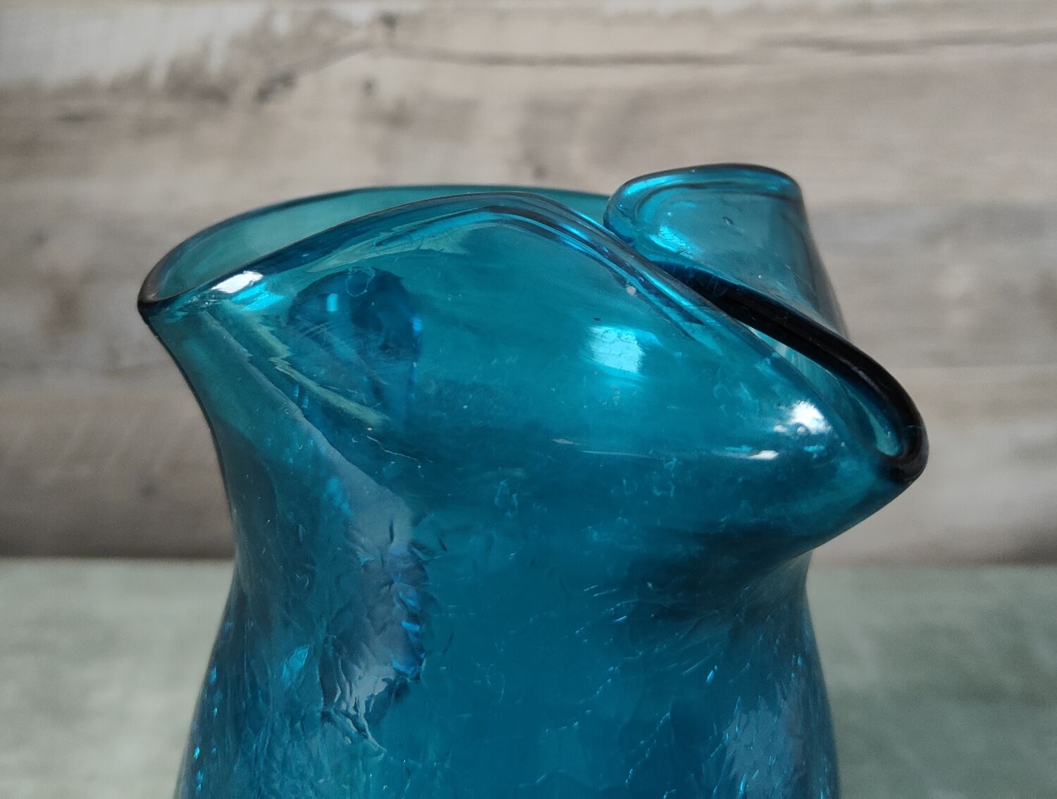 Blue cracked glass pitcher
