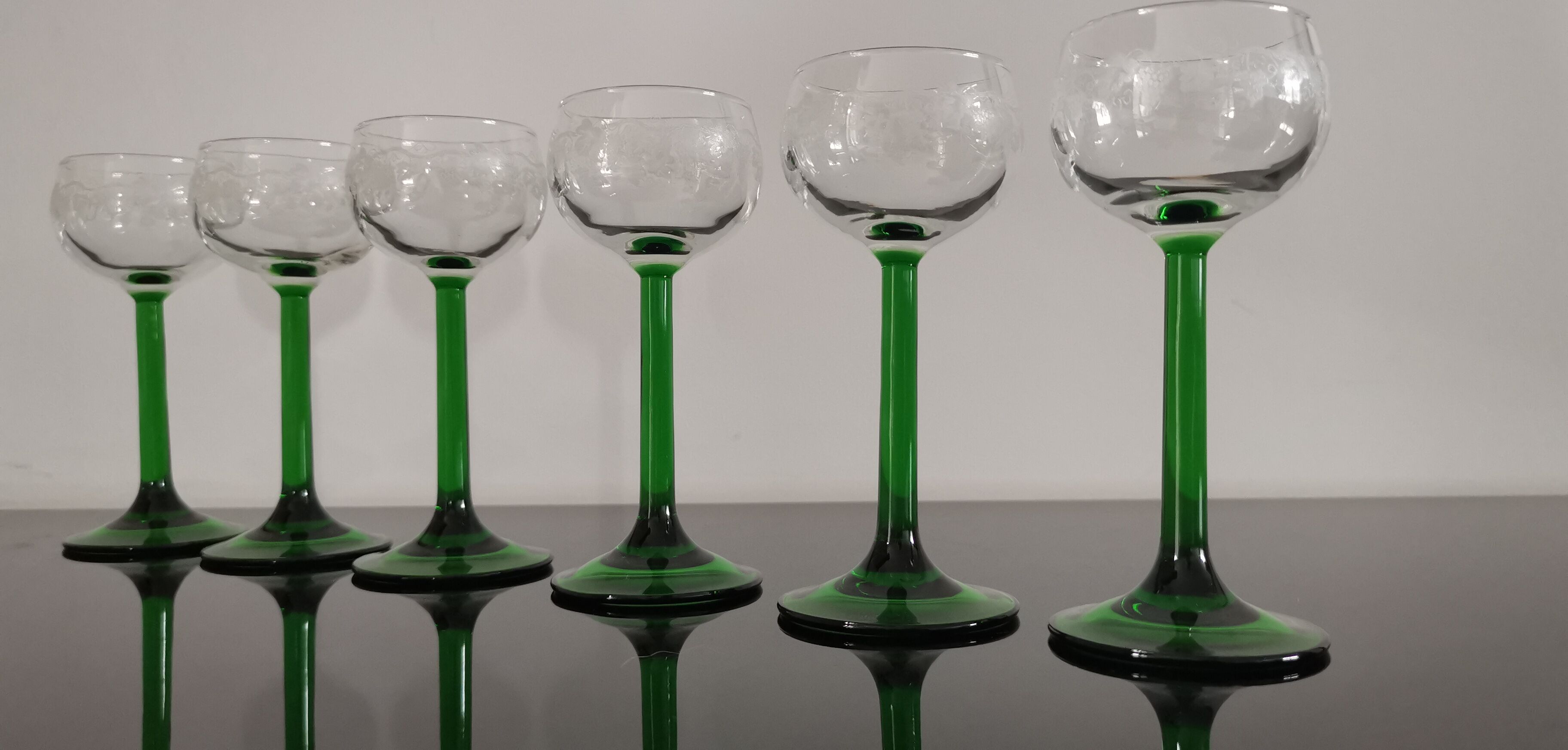 Vintage Alsace wine glasses with green feet decorations Bunches of Grapes and Vines HJ