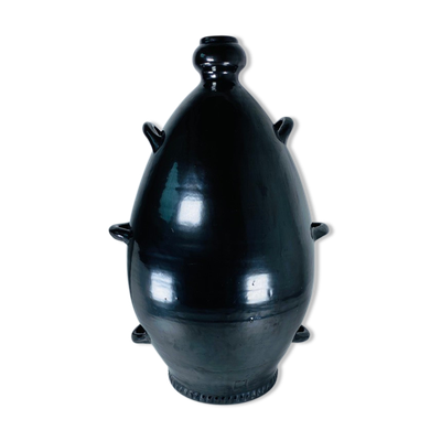 Jarre Potiche céramique noire métalique poterie 1950