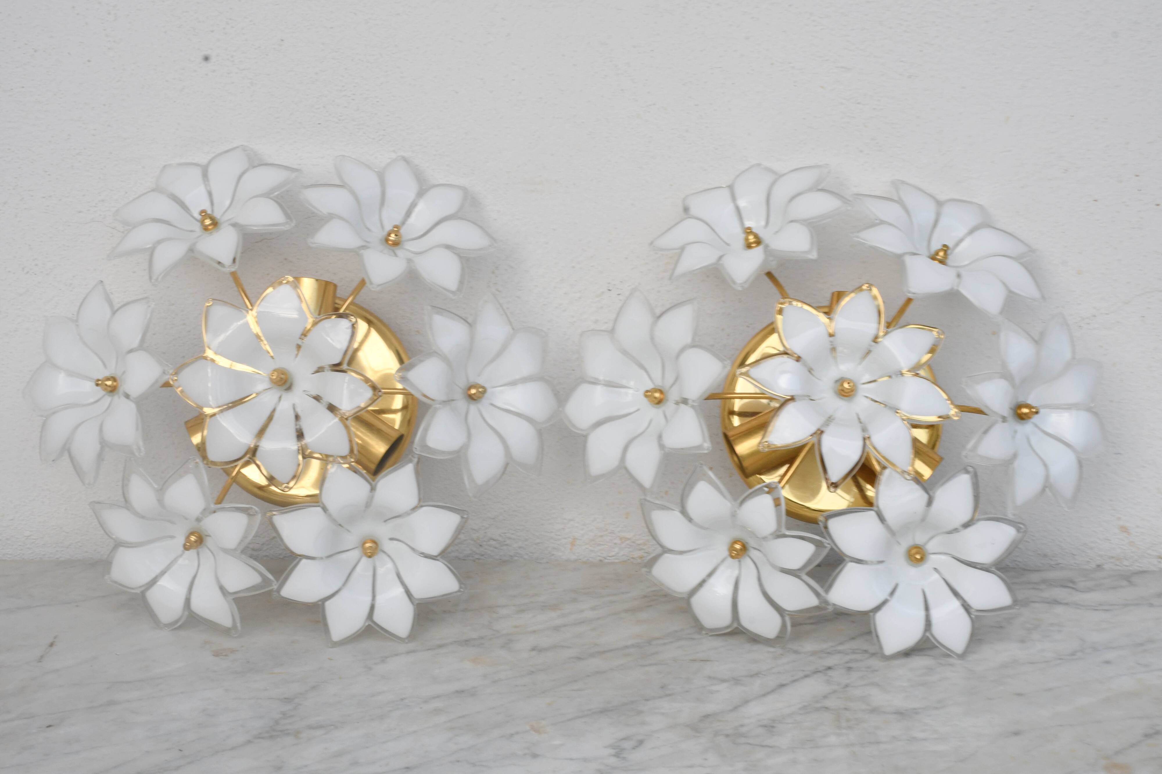 Set of 2 Charming Murano Vintage Ceiling Light White Flowers, 1970s