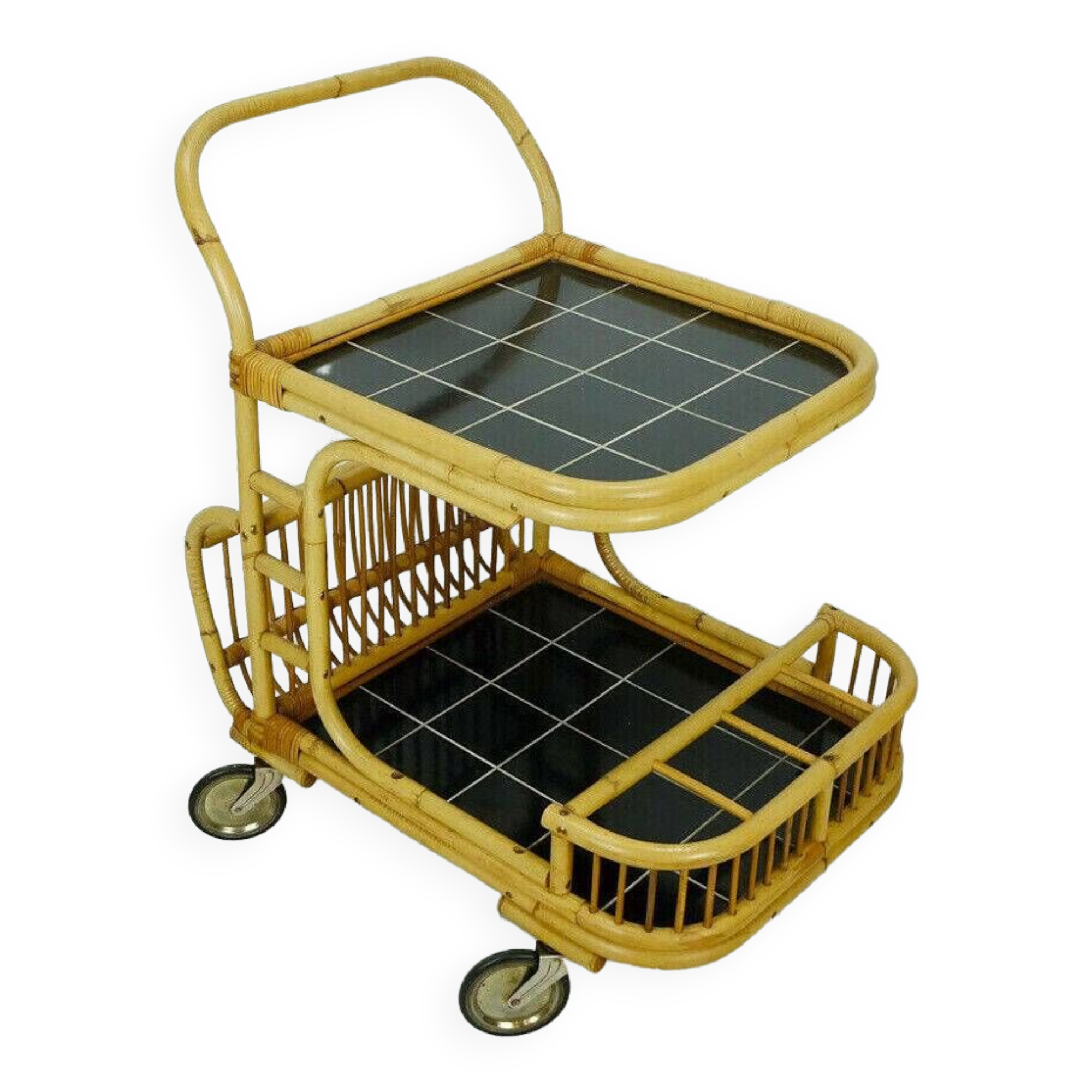 1950s mid century trolley serving cart bamboo wicker black formica