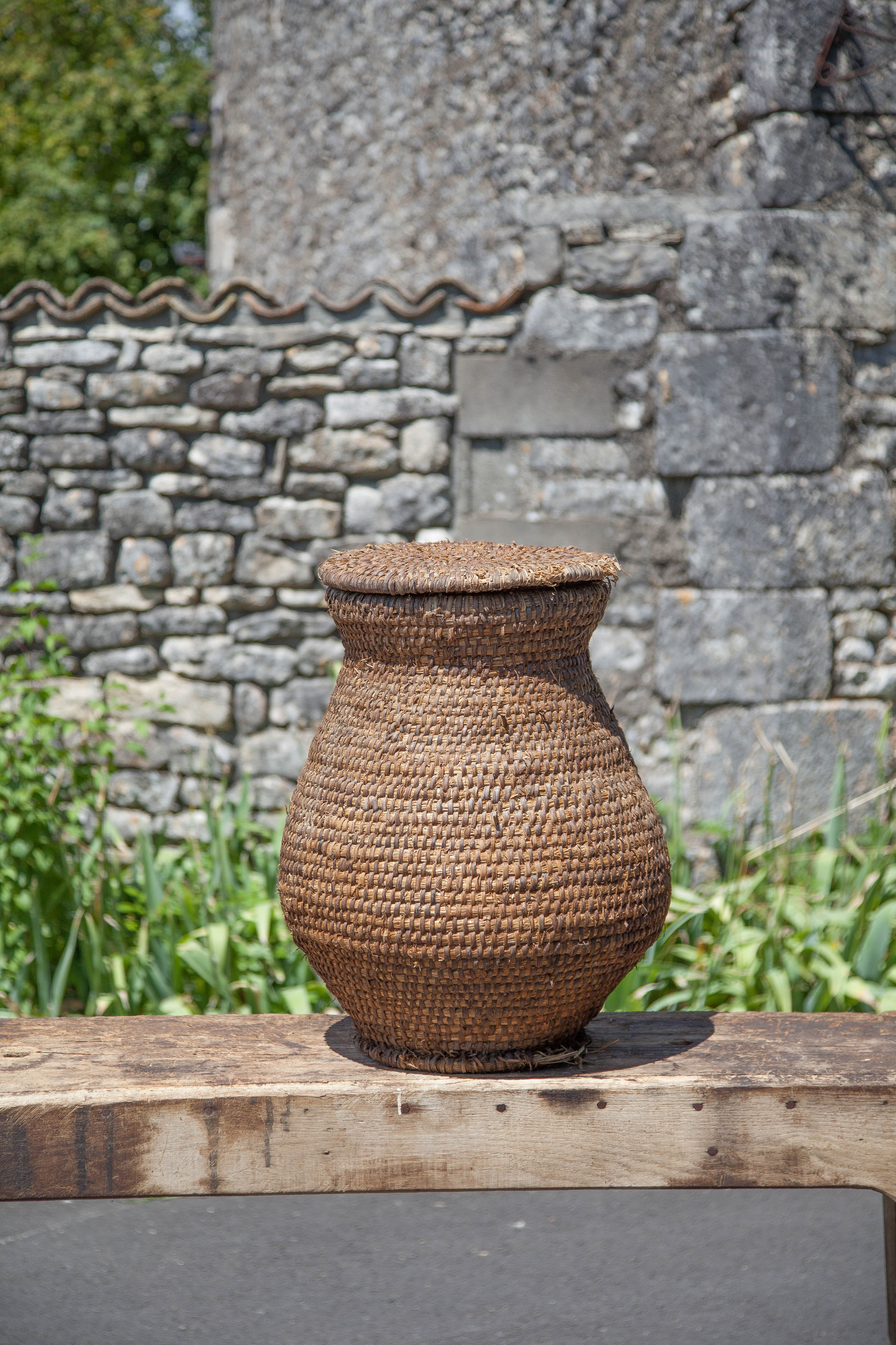 Old basket, burgundy straw and bramble with lid, woven basket