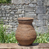 Old basket, burgundy straw and bramble with lid, woven basket