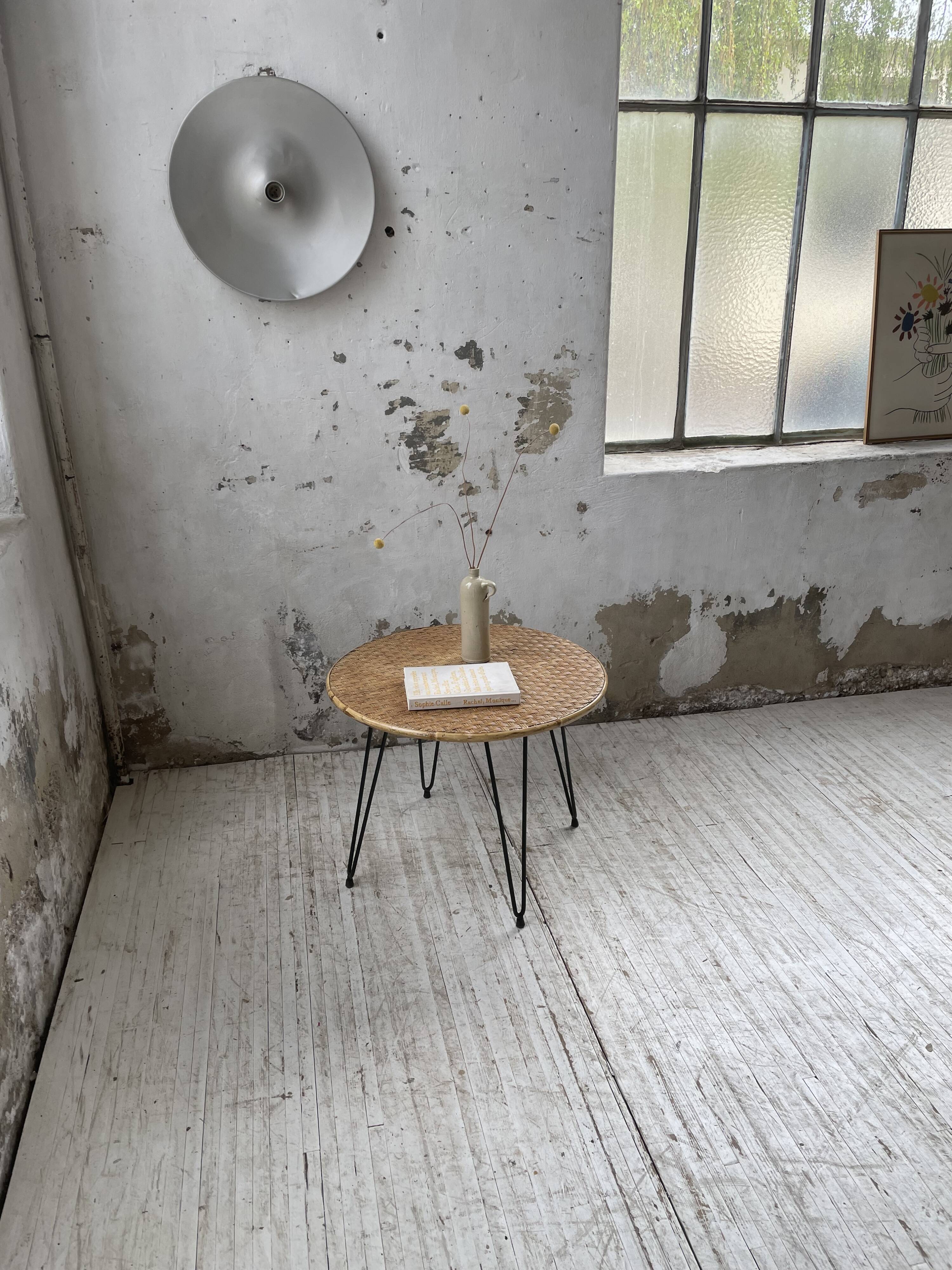 Wicker and metal coffee table from the 1950s