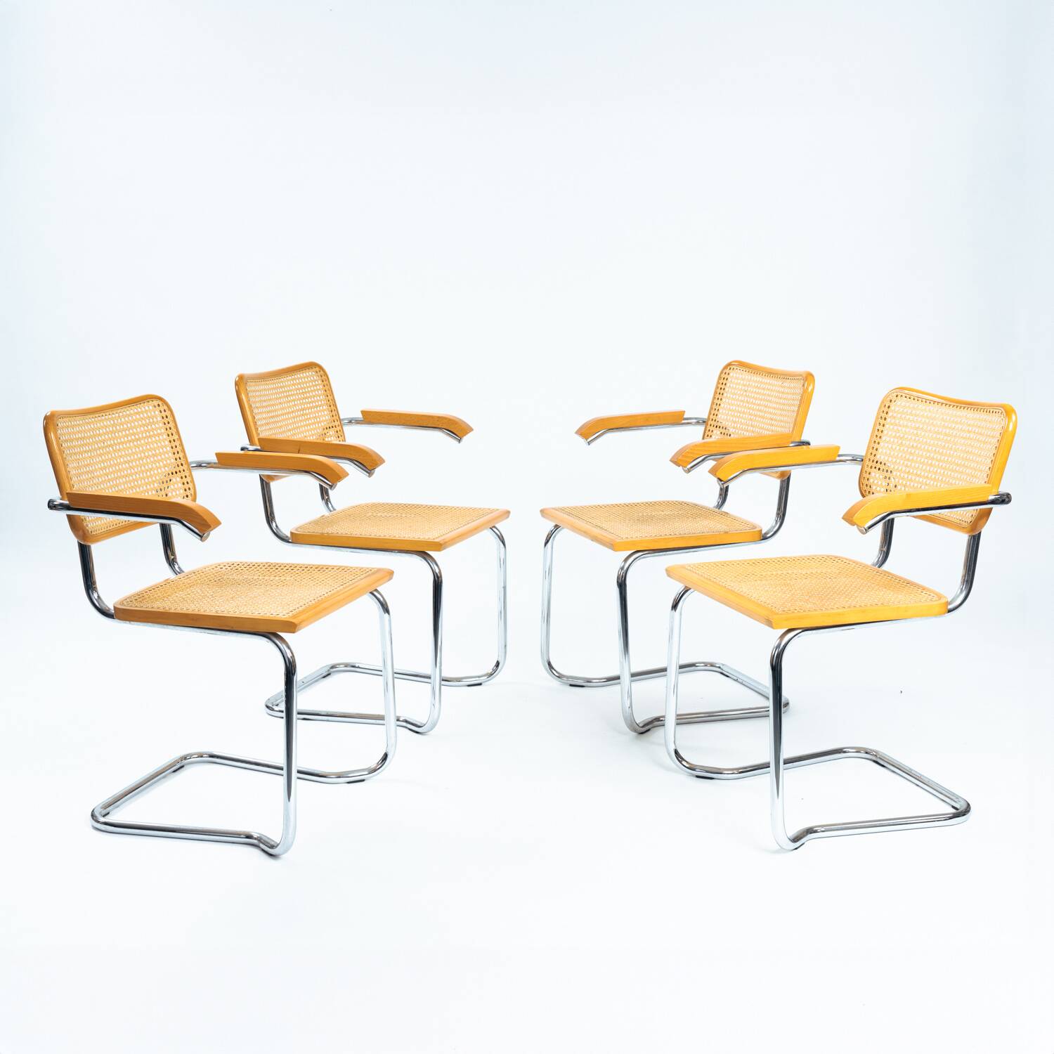 4 Bauhaus wicker chairs, in the style of Marcel Breuer, stackable