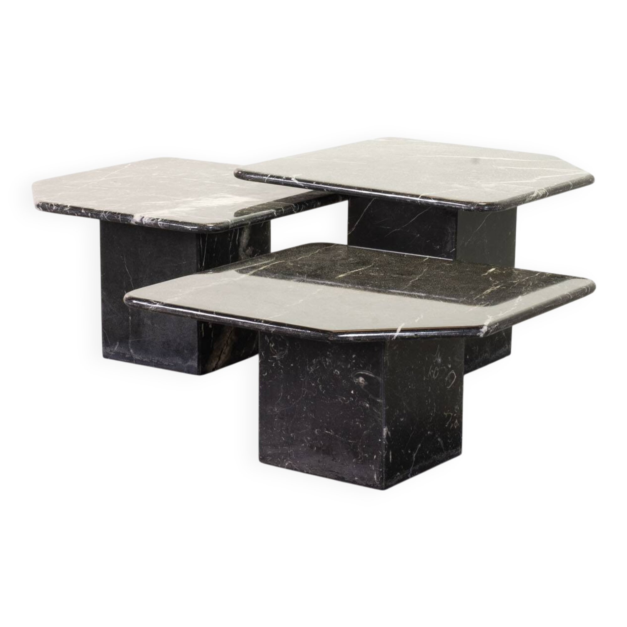 Italian Trio of Black Carrara Marble Side Tables with Oblique Angle, 1970s.