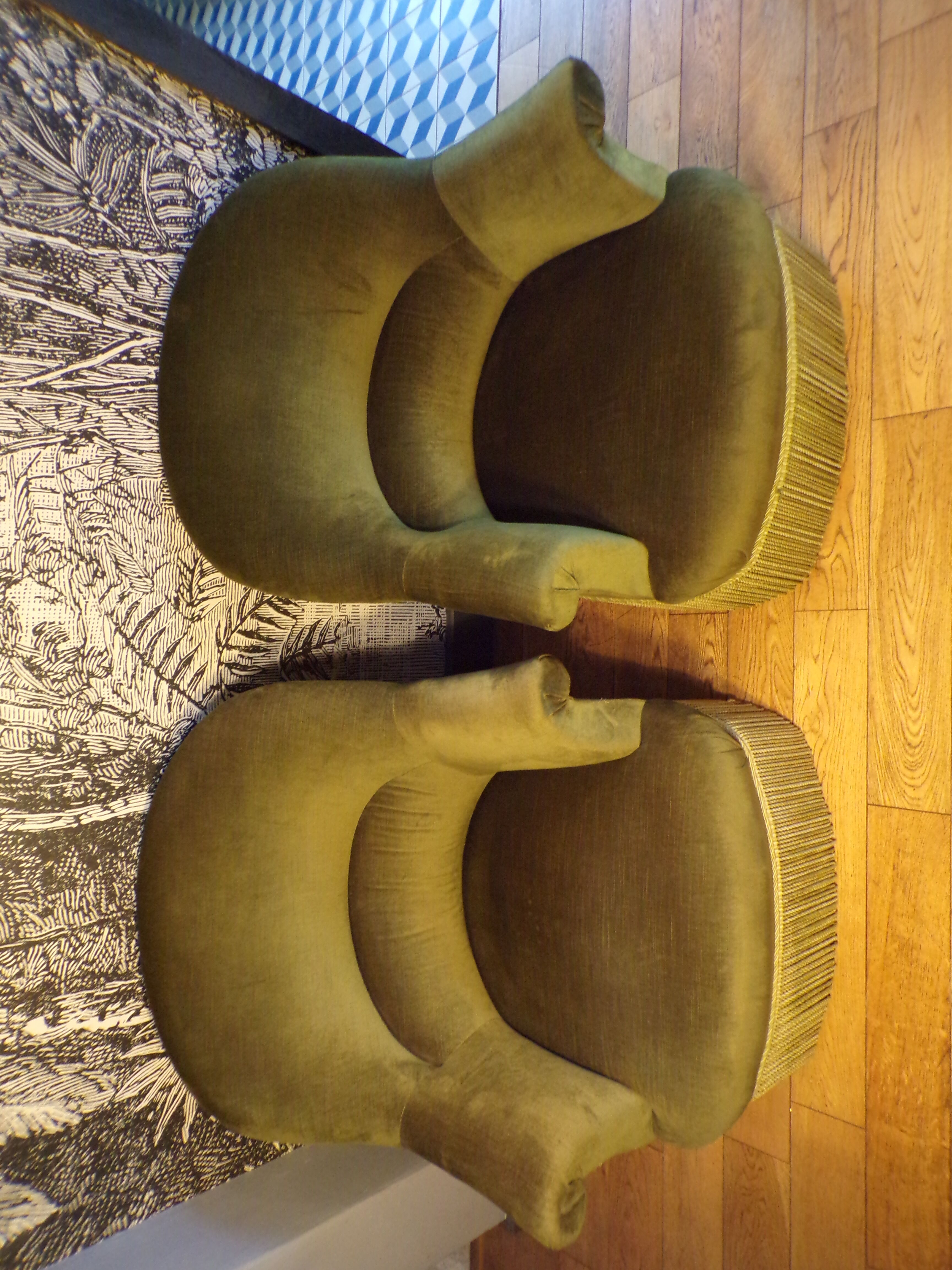 Pair of green velvet toad armchairs