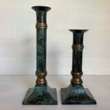 Pair of green patinated brass candlesticks