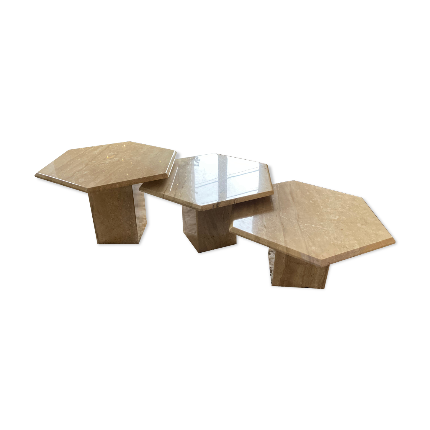 Set of 3 hexagonal coffee tables in 70s travertine