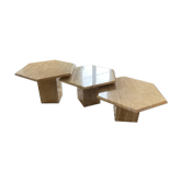 Set of 3 hexagonal coffee tables in 70s travertine