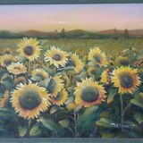 Tableau ancien à l'huile représentant un paysage de tournesols