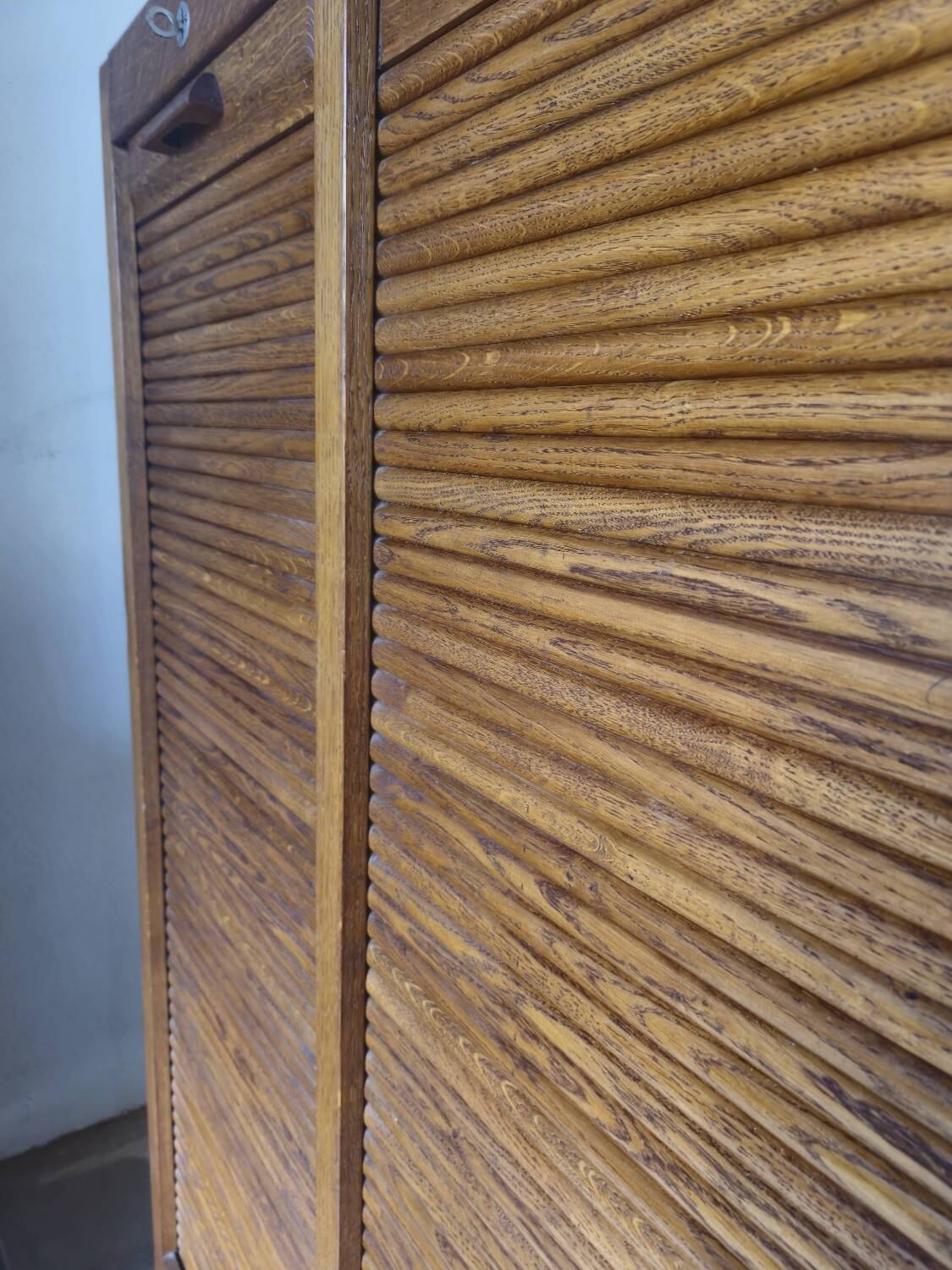 Antique 1950s double sliding door filing cabinet with curtains