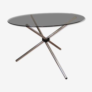 Table ronde tripode acier et verre 1970