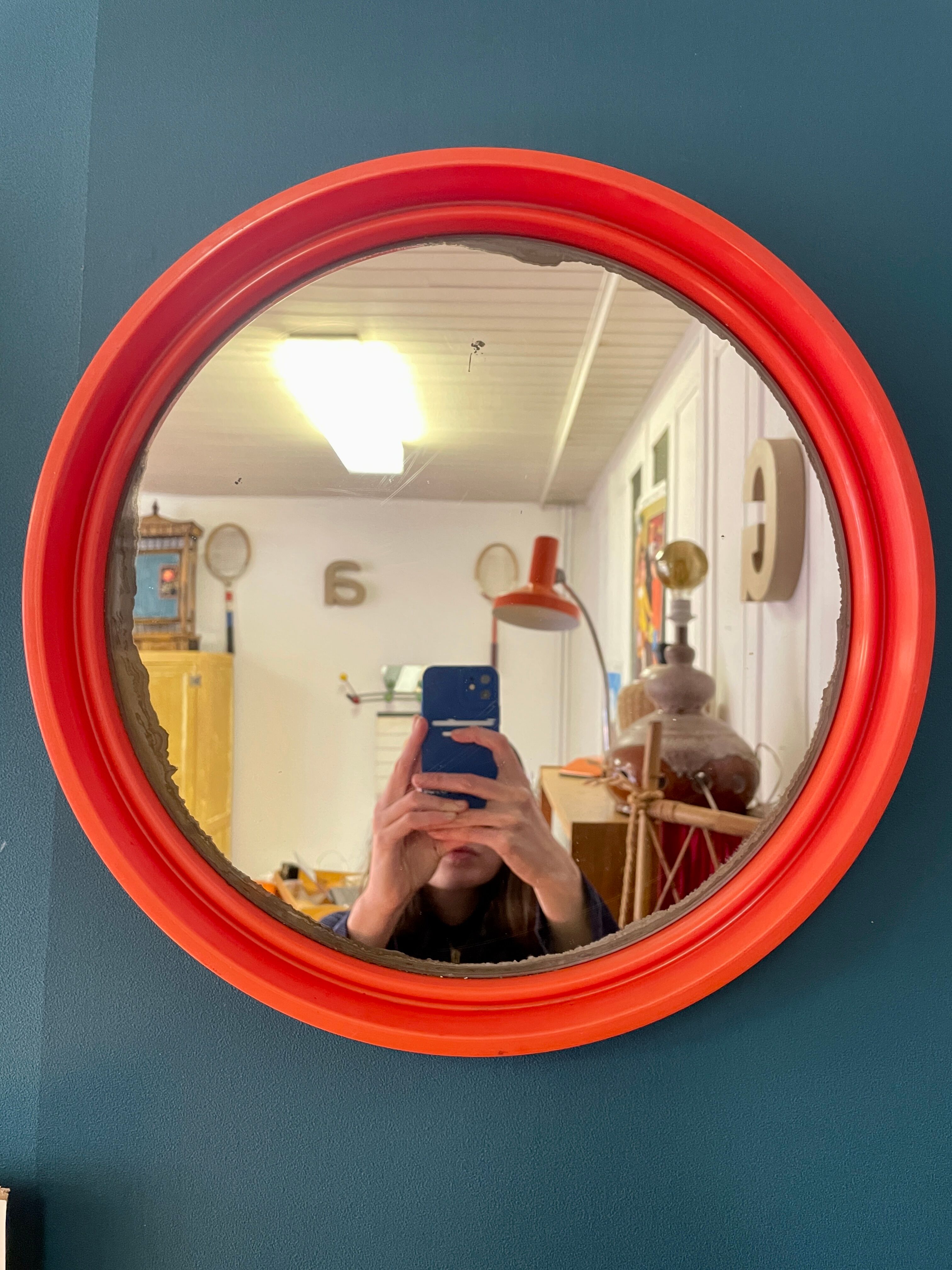Round orange mirror Gilac for Prisunic