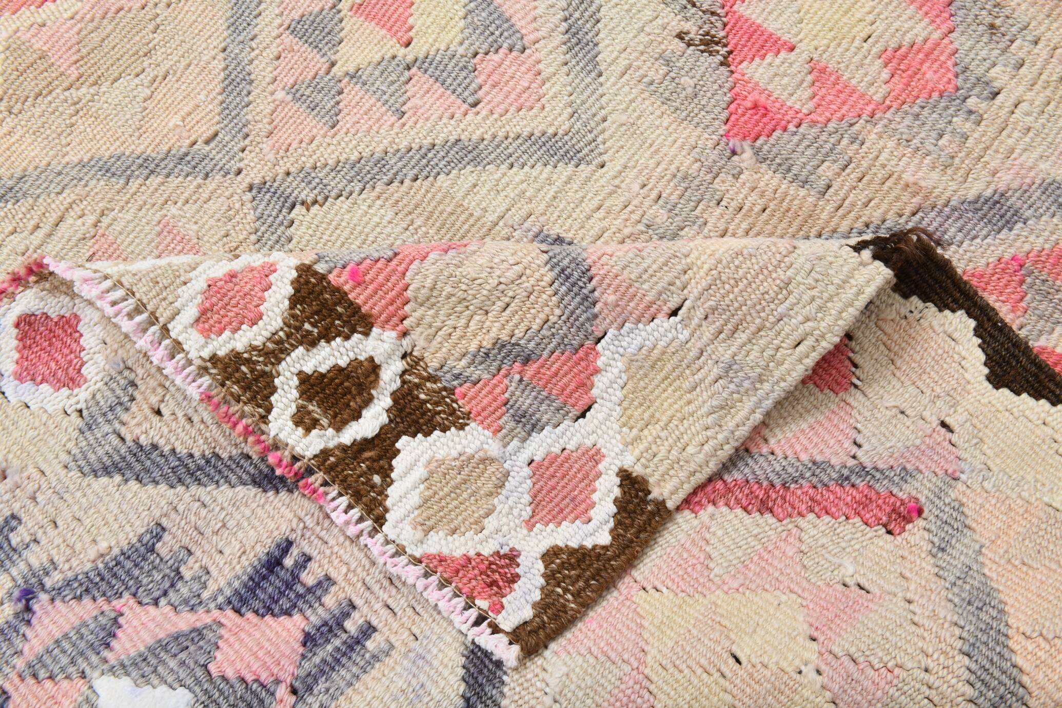 3x12 Pink & Beige Geometric Kilim Runner Rug, 94x378Cm