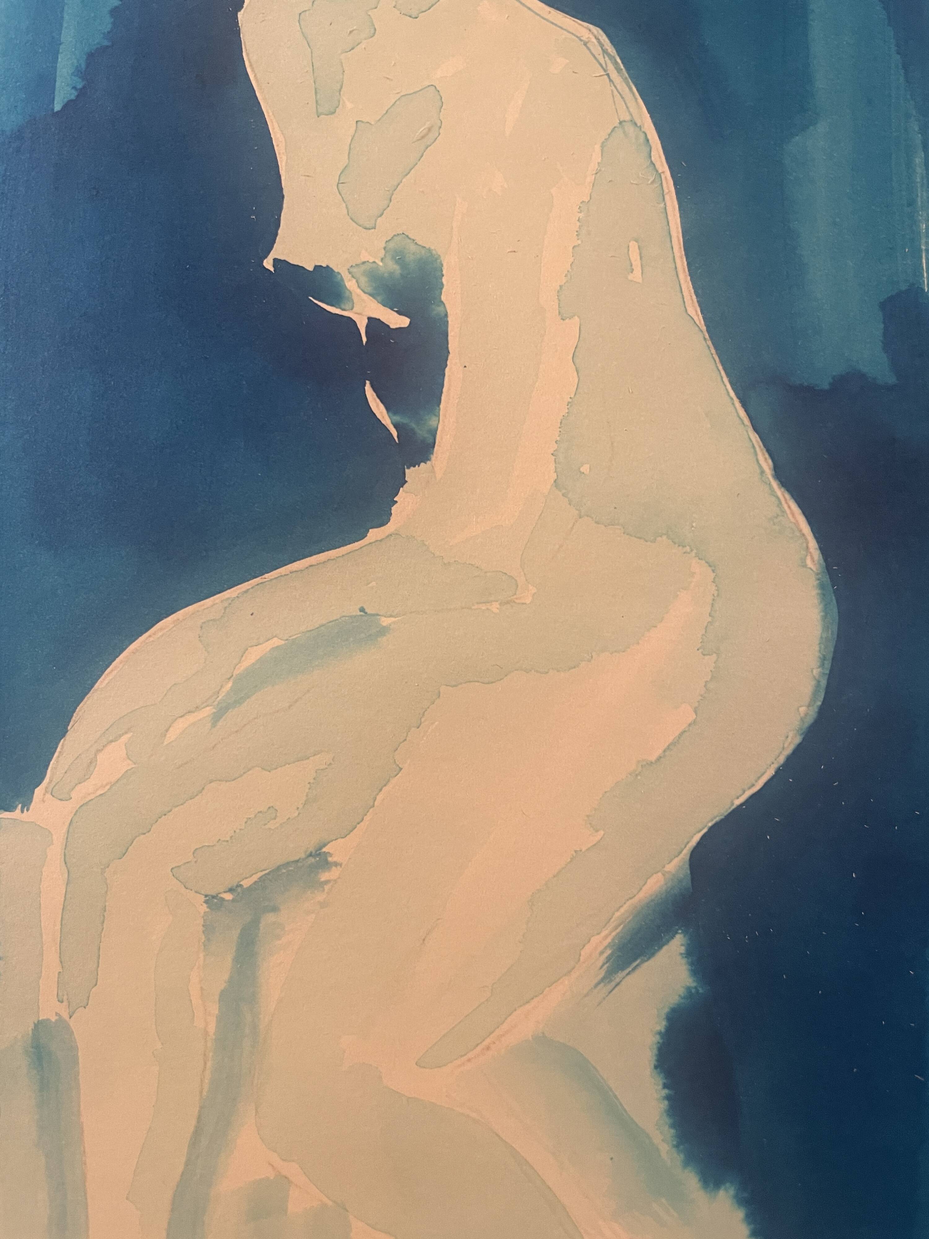 Monochrome blue watercolour tableau collection "blue lady" the pose, signed.