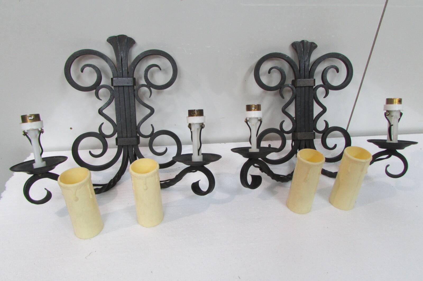 Pair of vintage wrought iron 2-light wall sconces